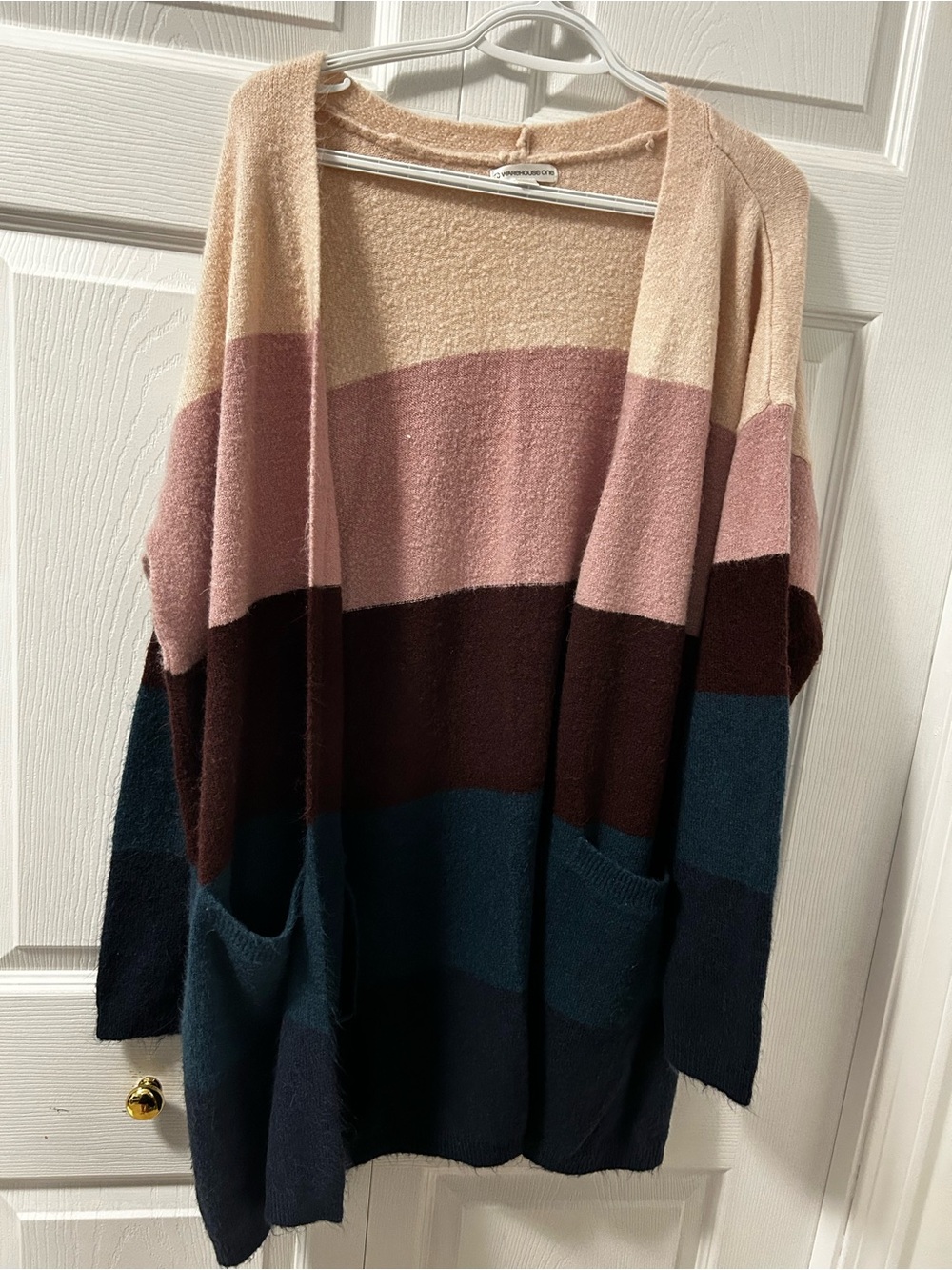 Warehouse Colorblock Open Cardigan in Cream, Pink, Brown & Blue